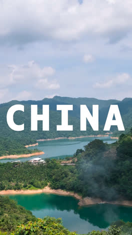 Vertical-Video-Time-Lapse-Shot-Of-Mountains-And-Coastline-In-China-With-Animated-Graphic-Spelling-Out-China-1